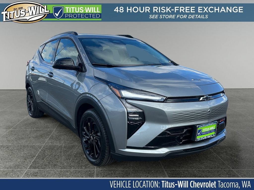 2027 Chevrolet Bolt RS in Sterling Grey Metallic — front three-quarter view