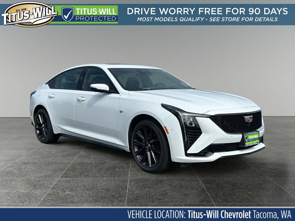 2025 Cadillac CT5 Sport in Summit White — front three-quarter view