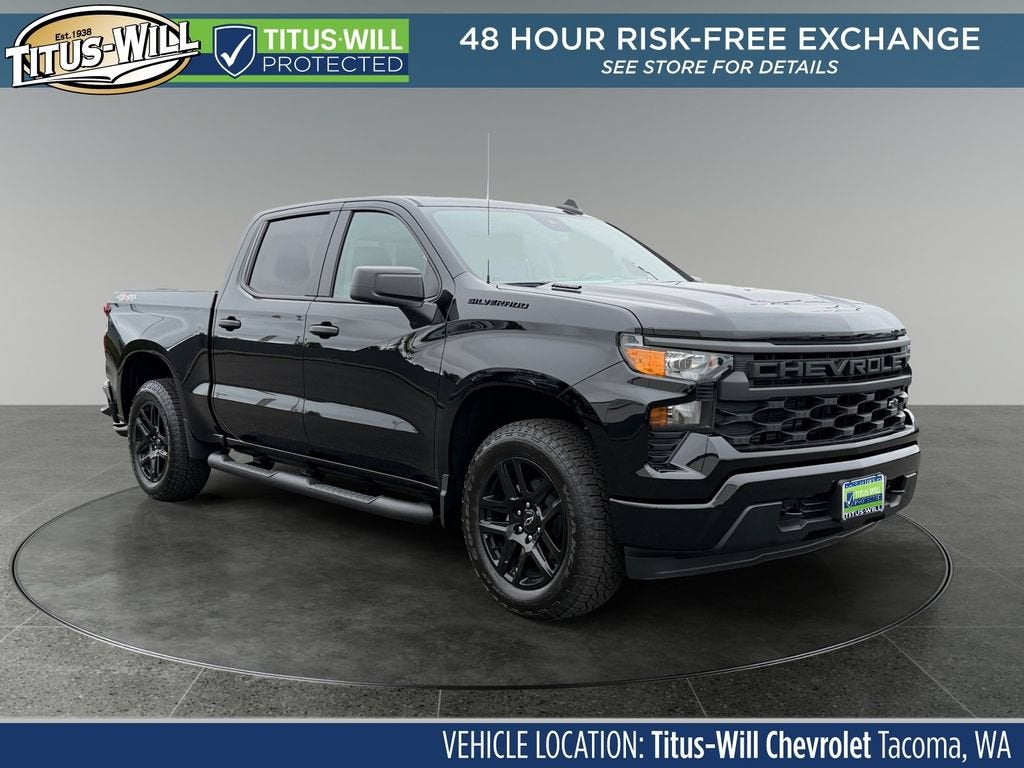 2026 Chevrolet Silverado 1500 Custom in Black — front three-quarter view