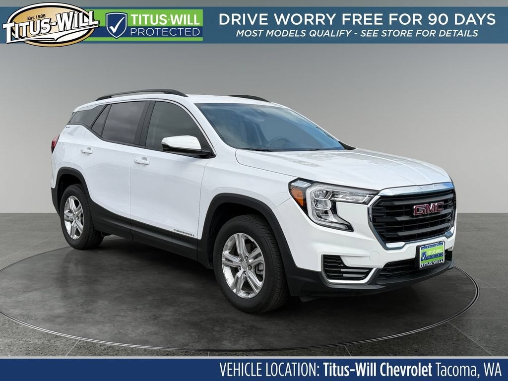 2022 GMC Terrain SLE in Summit White — front three-quarter view