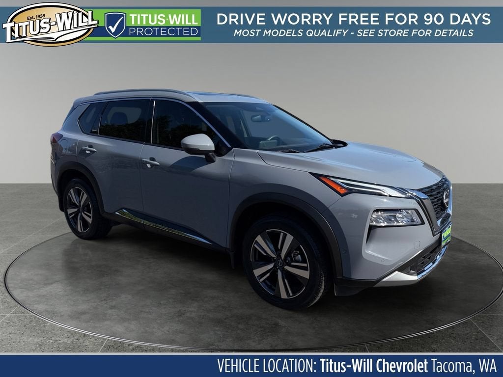 2023 Nissan Rogue Platinum Intelligent AWD in Gray — front three-quarter view