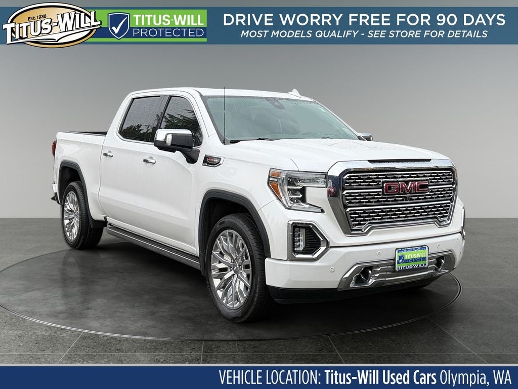 2019 GMC Sierra 1500 Denali in White Frost Tricoat — front three-quarter view