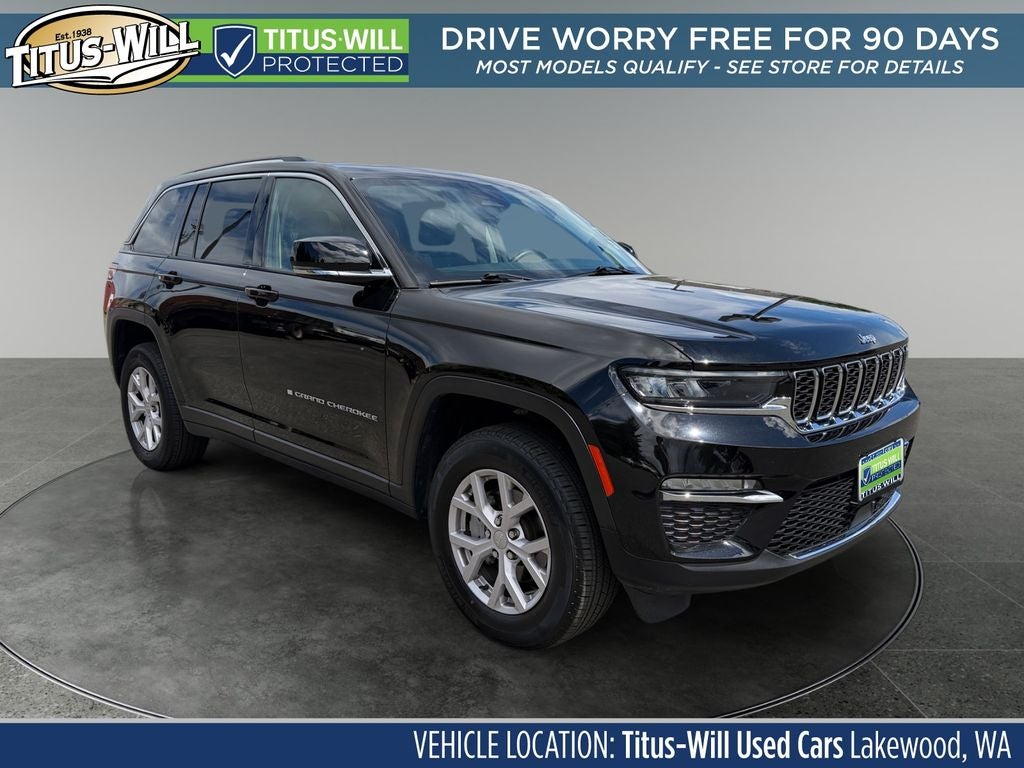 2022 Jeep Grand Cherokee Limited in Diamond Black — front three-quarter view