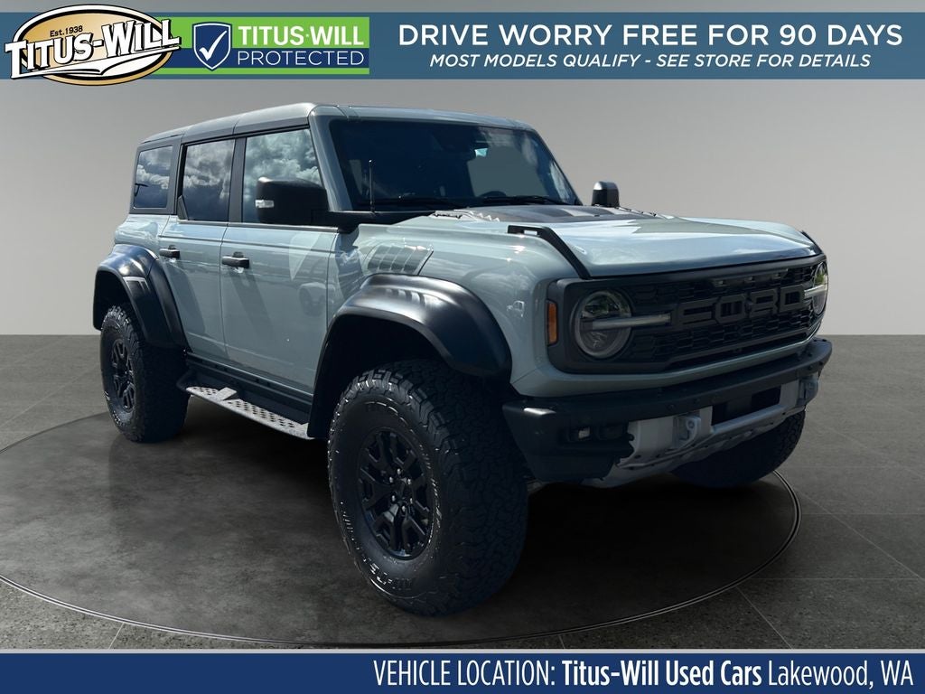 2023 Ford Bronco Raptor in Cactus Gray — front three-quarter view
