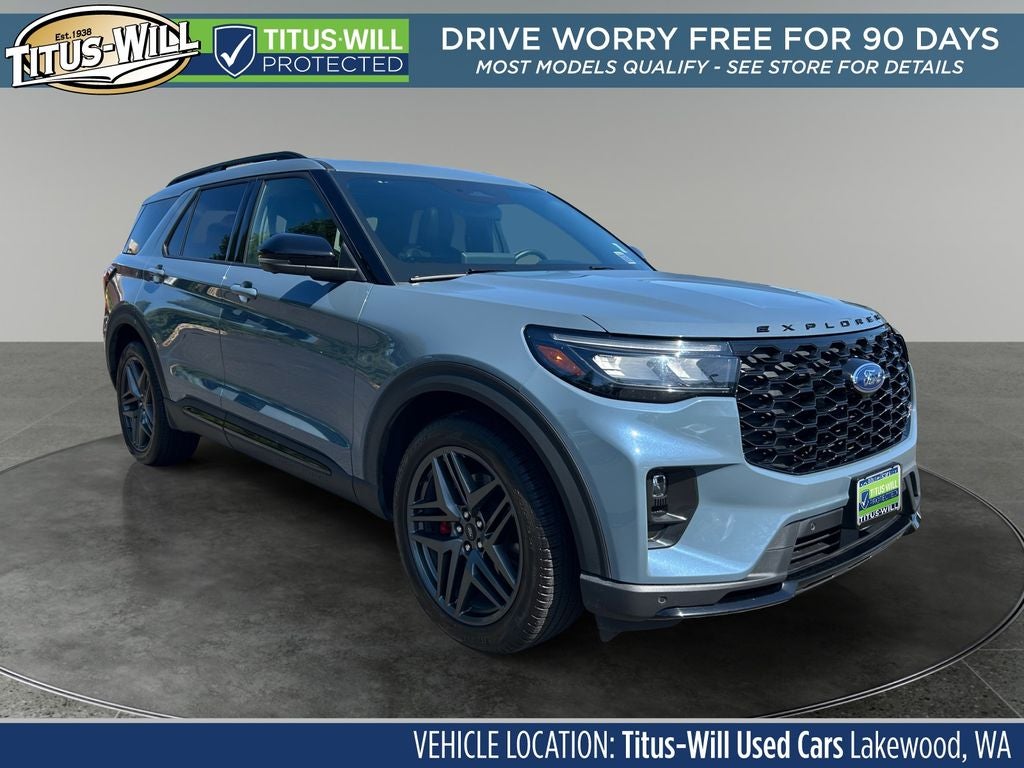 2025 Ford Explorer ST in Vapor Blue — front three-quarter view