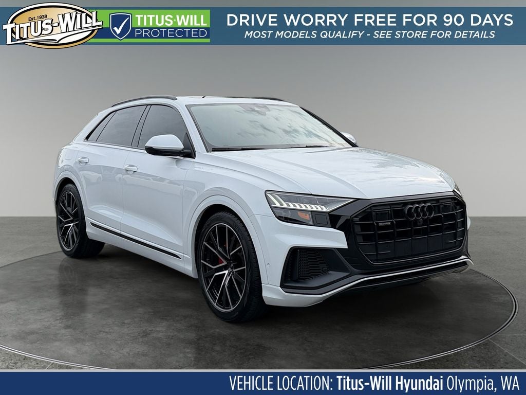 2021 Audi Q8 55 Prestige quattro in Glacier White — front three-quarter view