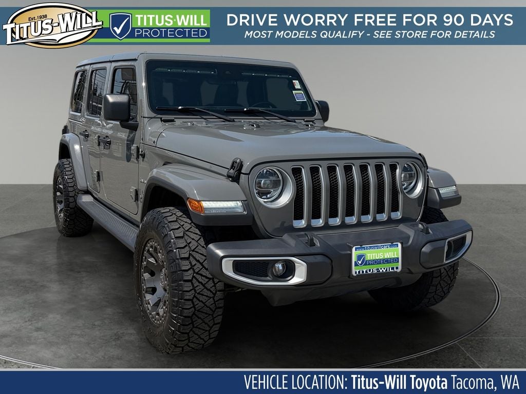 2020 Jeep Wrangler Unlimited Sahara in Sting-Gray Clearcoat — front three-quarter view
