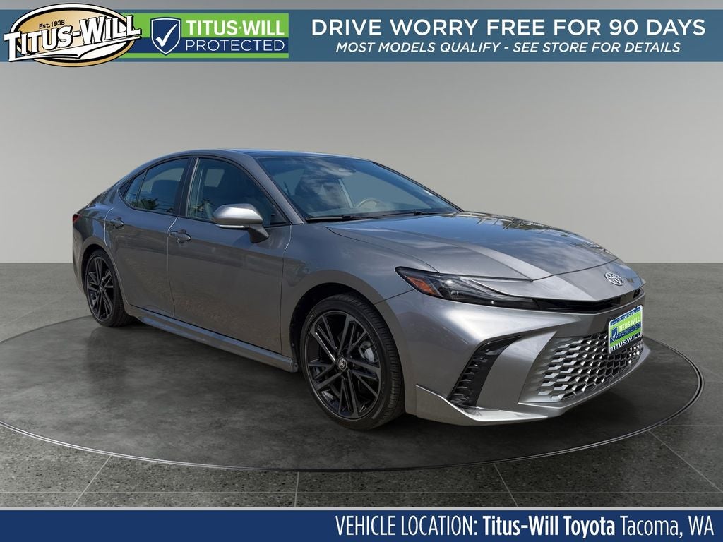2026 Toyota Camry XSE HYBRID in Precious Metal — front three-quarter view