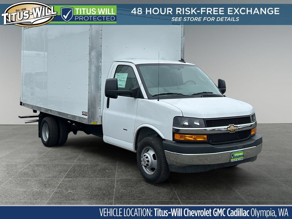 2025 Chevrolet Express Cutaway 3500 1WT in Summit White — front three-quarter view