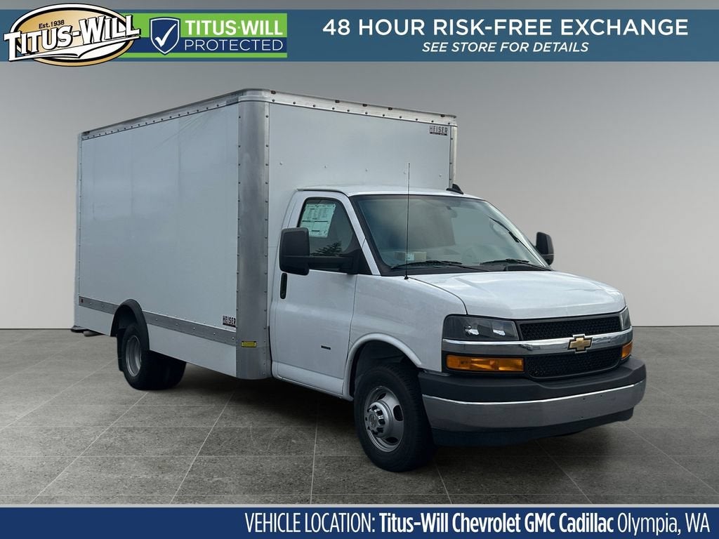 2025 Chevrolet Express Cutaway 3500 1WT in Summit White — front three-quarter view