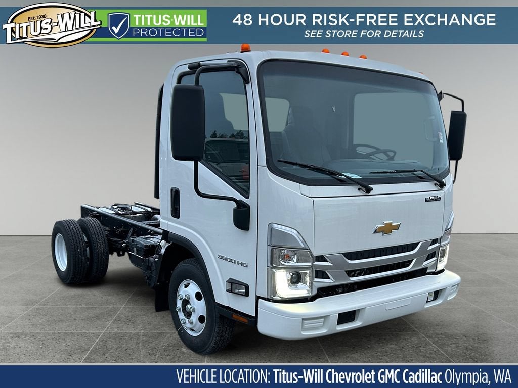 2025 Chevrolet Low Cab Forward 3500 HG MEDIUM ASH GRAY in Arc White — front three-quarter view